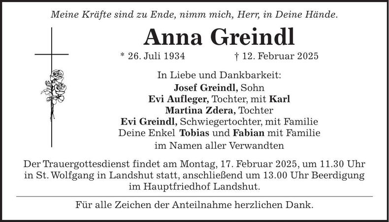 Traueranzeige Anna Greindl