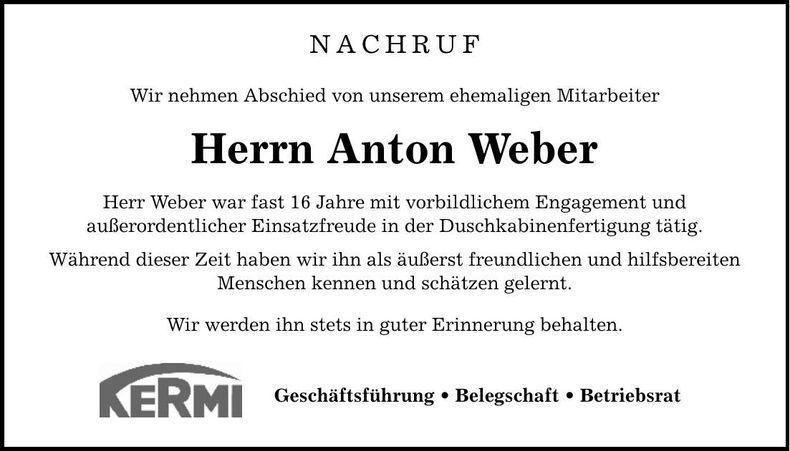 Traueranzeige Anton Weber
