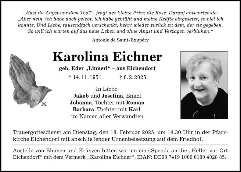 Traueranzeige Karolina Eichner