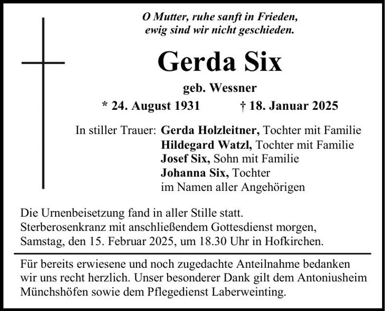 Traueranzeige Gerda Six