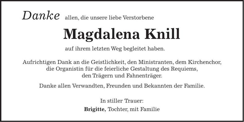 Traueranzeige Magdalena Knill