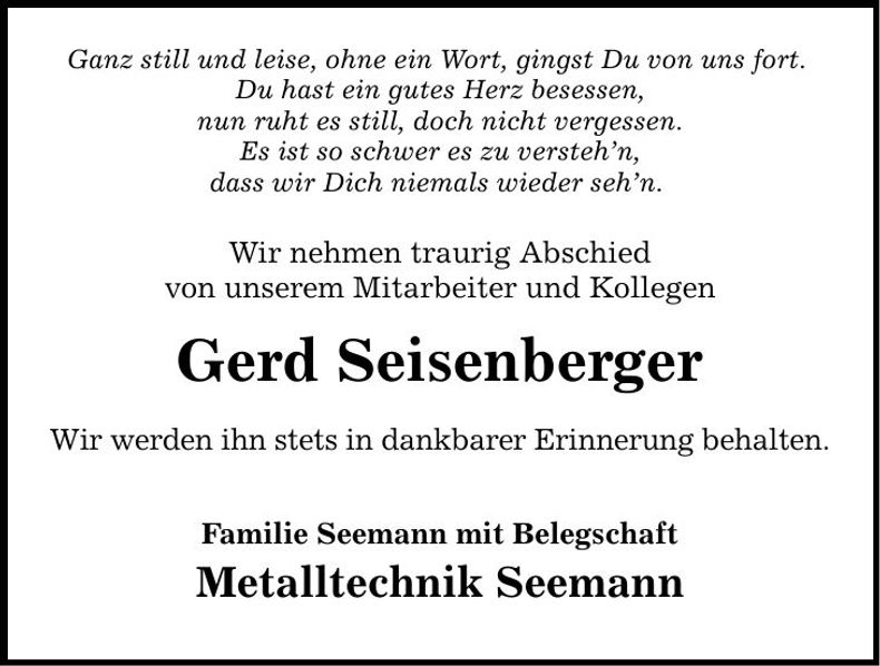 Traueranzeige Gerd Seisenberger