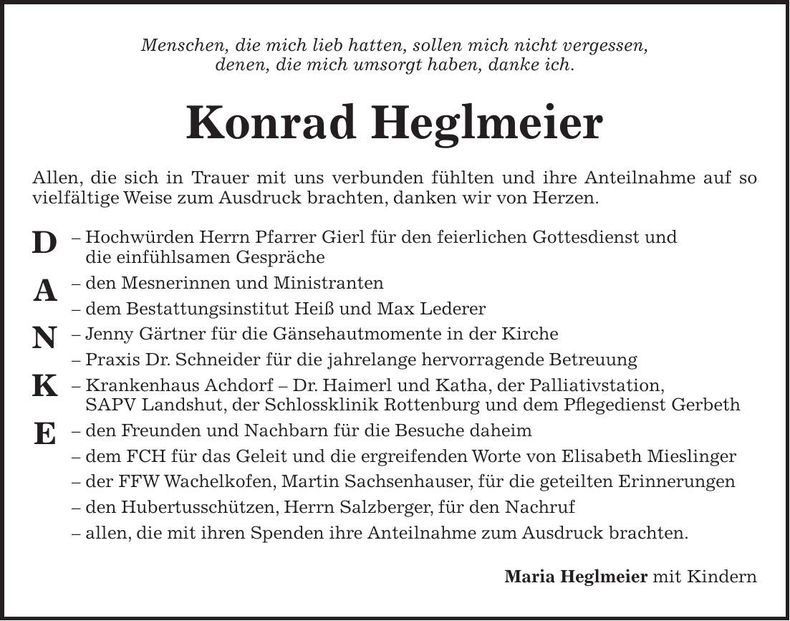 Traueranzeige Konrad Heglmeier