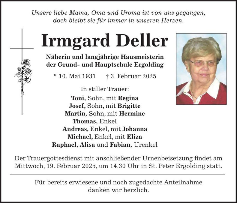 Traueranzeige Irmgard Deller