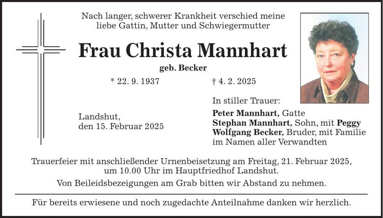 Traueranzeige Christa Mannhart
