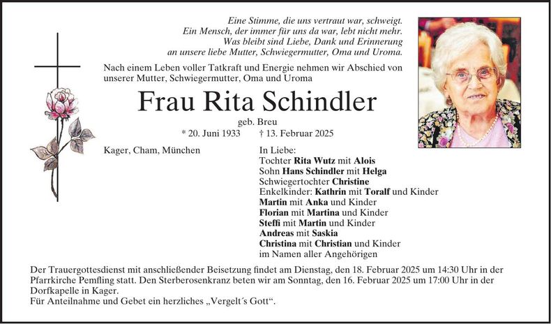 Traueranzeige Rita Schindler