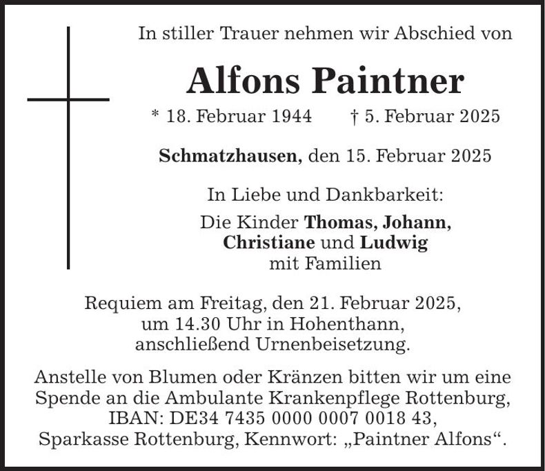 Traueranzeige Alfons Paintner