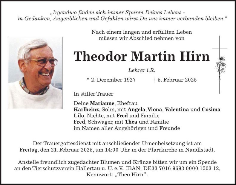 Traueranzeige Theodor Hirn