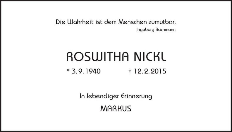 Traueranzeige Roswitha Nickl