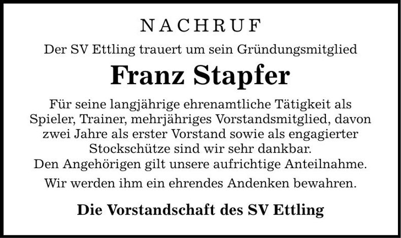 Traueranzeige Franz Stapfer
