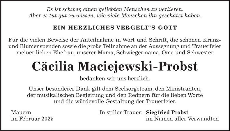 Traueranzeige Cäcilia Maciejewski-Probst