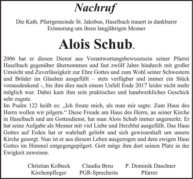 Traueranzeige Alois Schub