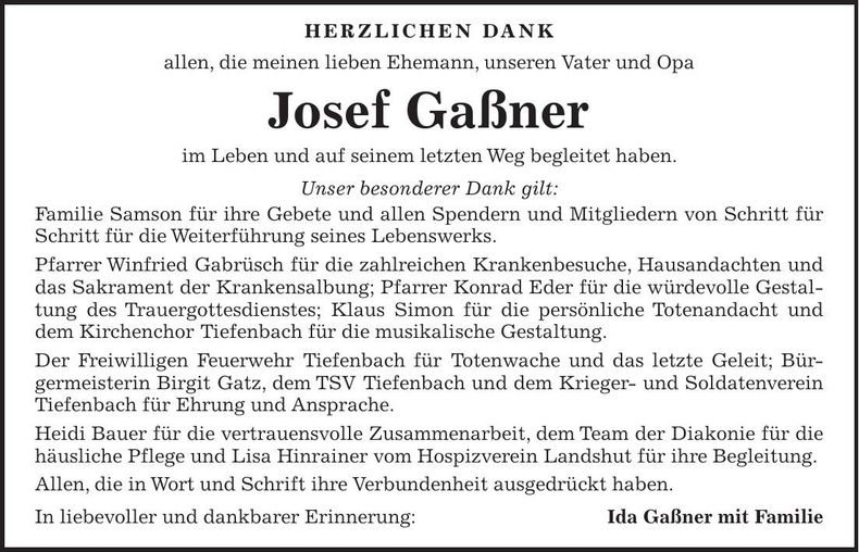 Traueranzeige Josef Gaßner