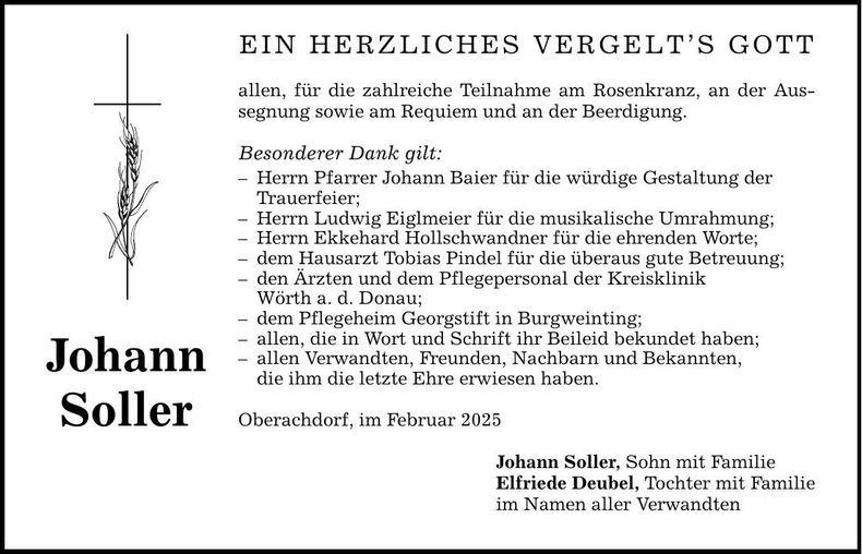 Traueranzeige Johann Soller