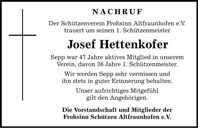 Traueranzeige Josef Hettenkofer