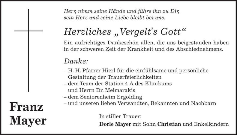 Traueranzeige Franz Mayer