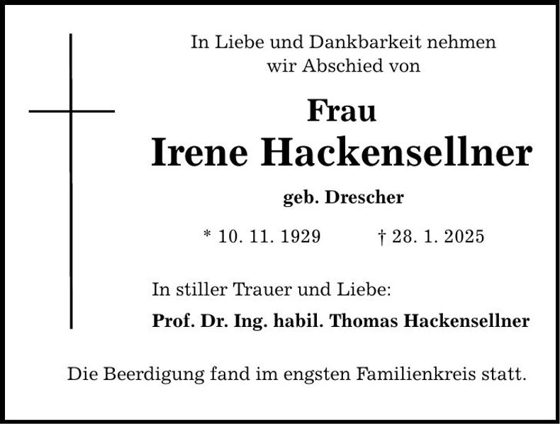 Traueranzeige Irene Hackensellner