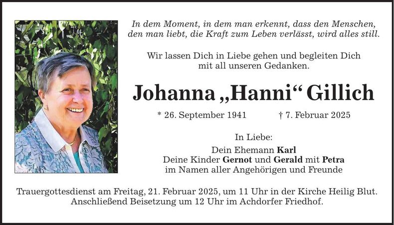 Traueranzeige Johanna Gillich