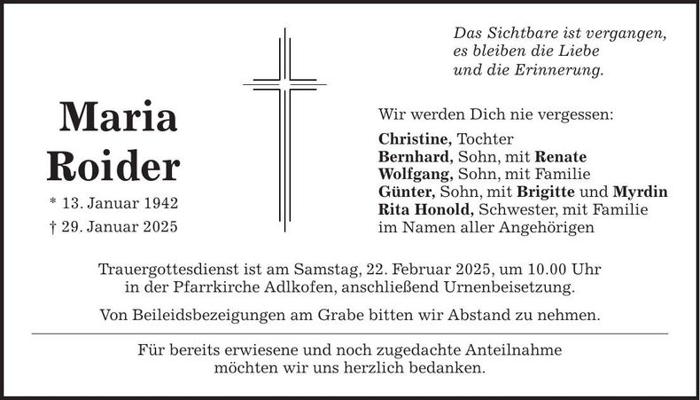 Traueranzeige Maria Roider