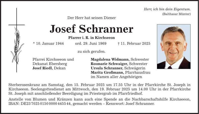 Traueranzeige Josef Schranner