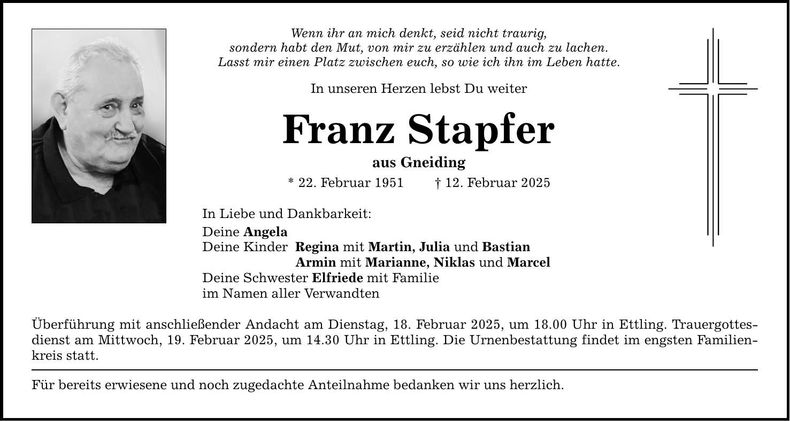 Traueranzeige Franz Stapfer