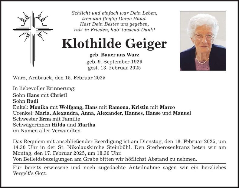 Traueranzeige Klothilde Geiger