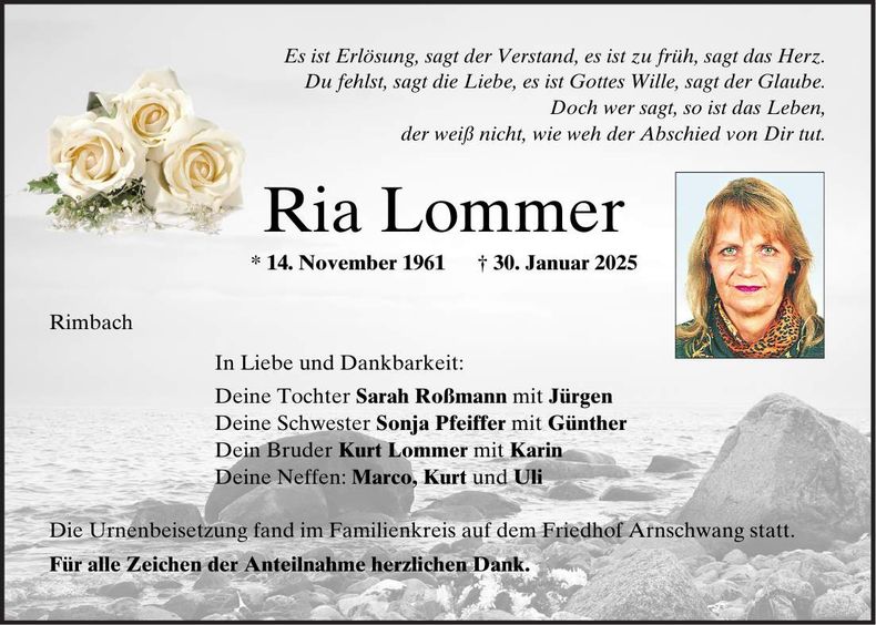 Traueranzeige Ria Lommer