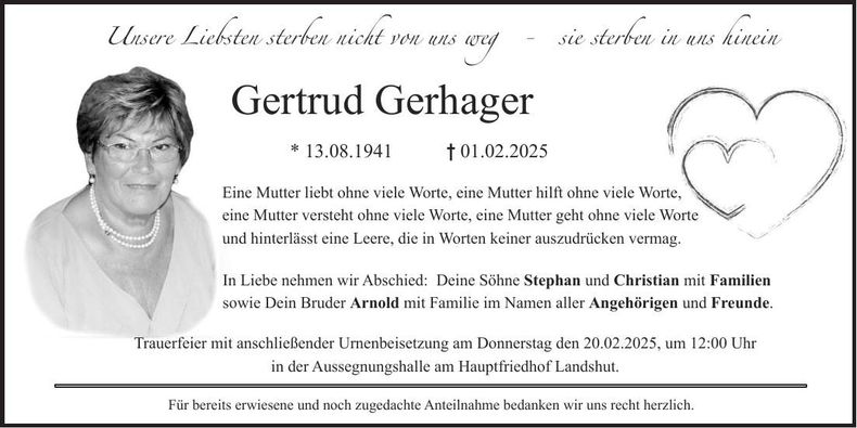 Traueranzeige Gertrud Gerhager