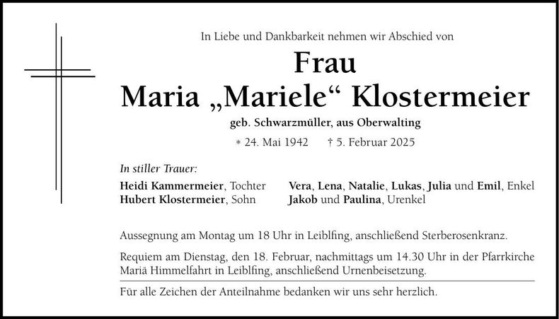 Traueranzeige Maria Klostermeier