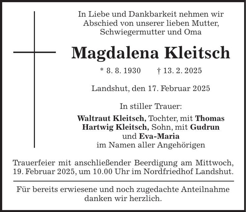 Traueranzeige Magdalena Kleitsch