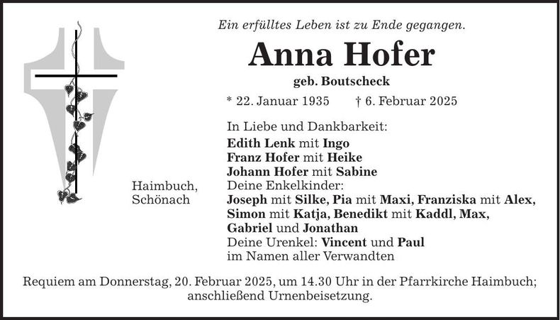 Traueranzeige Anna Hofer