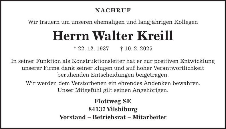 Traueranzeige Walter Kreill