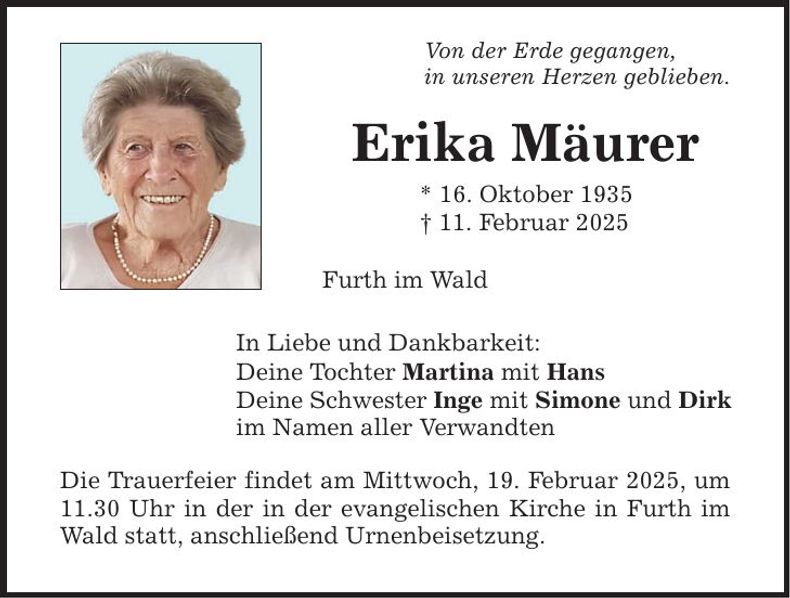 Traueranzeige Erika Mäurer