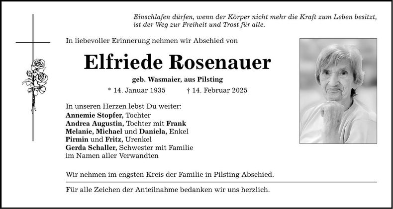 Traueranzeige Elfriede Rosenauer