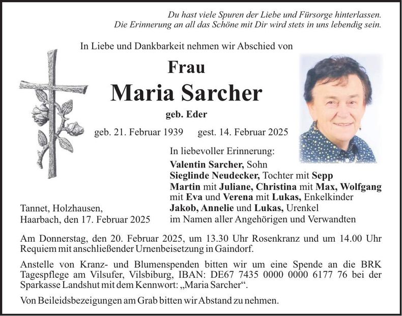 Traueranzeige Maria Sarcher