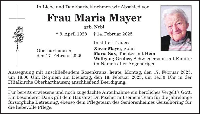 Traueranzeige Maria Mayer