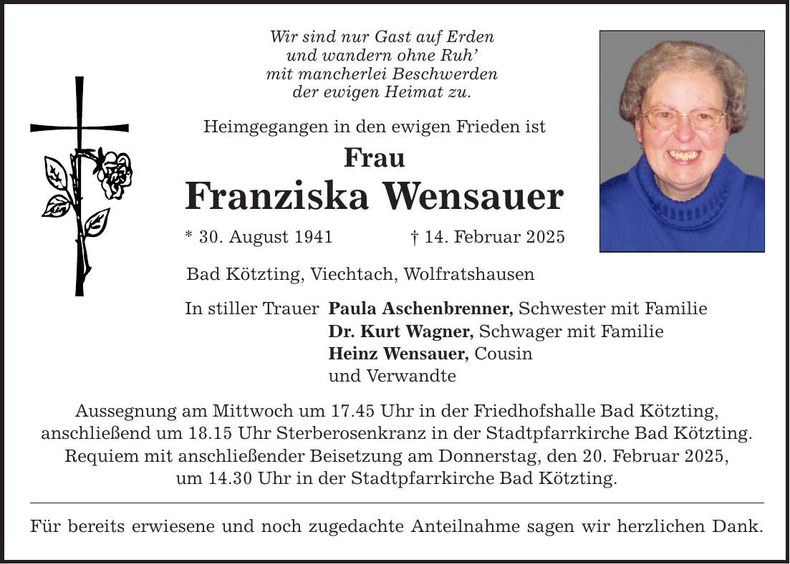 Traueranzeige Franziska Wensauer