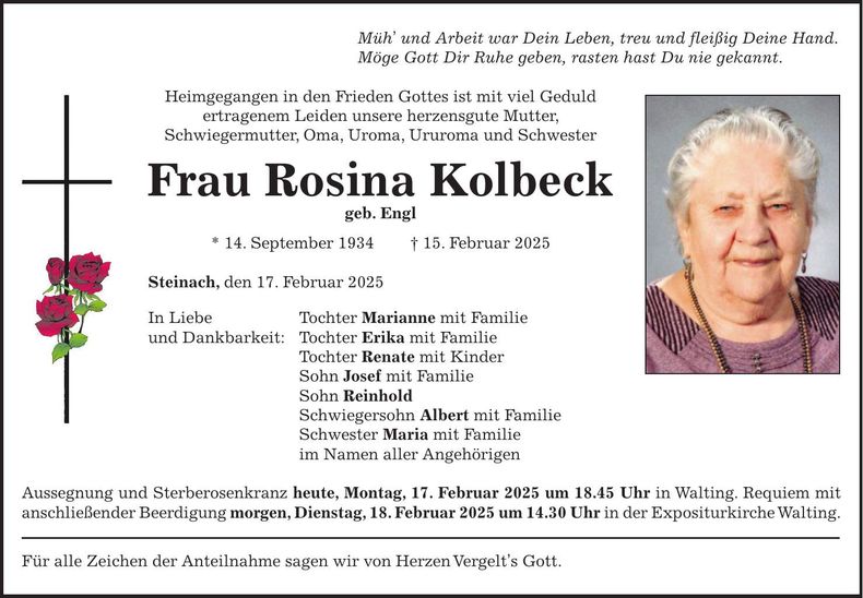Traueranzeige Rosina Kolbeck