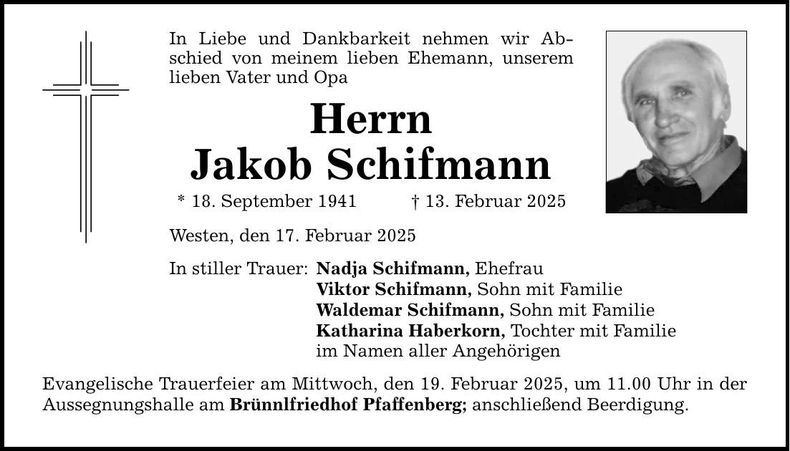 Traueranzeige Jakob Schifmann