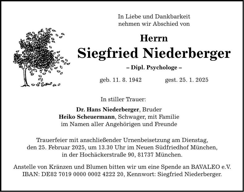 Traueranzeige Siegfried Niederberger