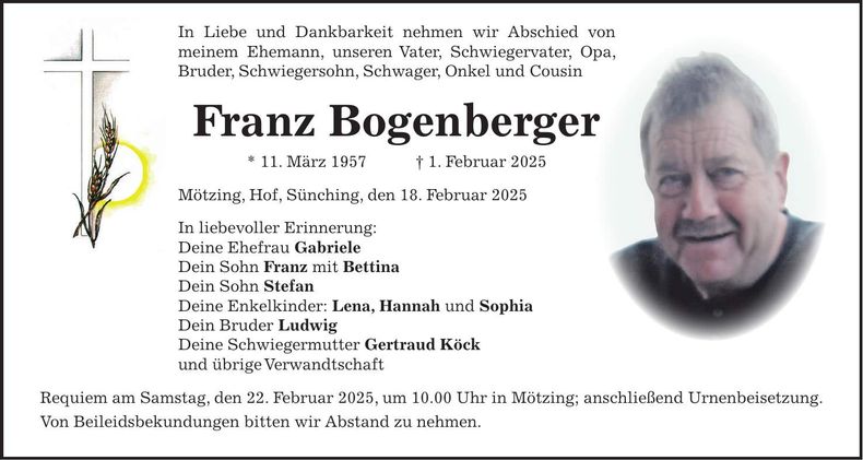 Traueranzeige Franz Bogenberger