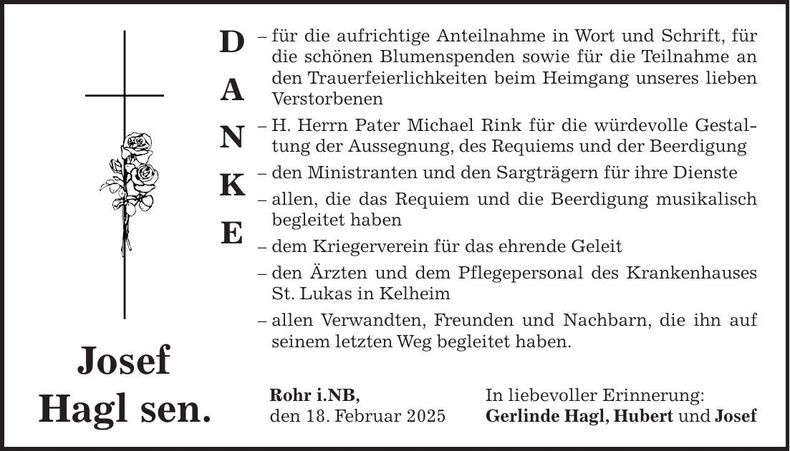 Traueranzeige Josef  sen. Hagl