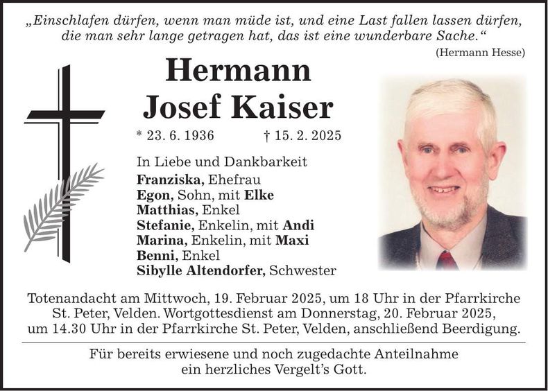 Traueranzeige Hermann Josef Kaiser