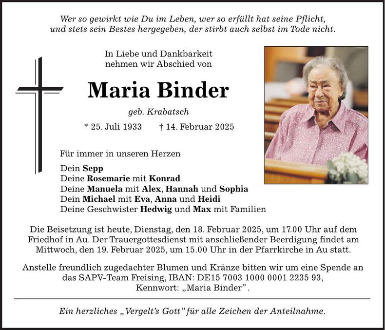 Traueranzeige Maria Binder