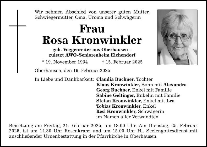 Traueranzeige Rosa Kronwinkler