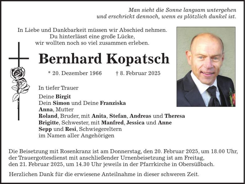 Traueranzeige Bernhard Kopatsch