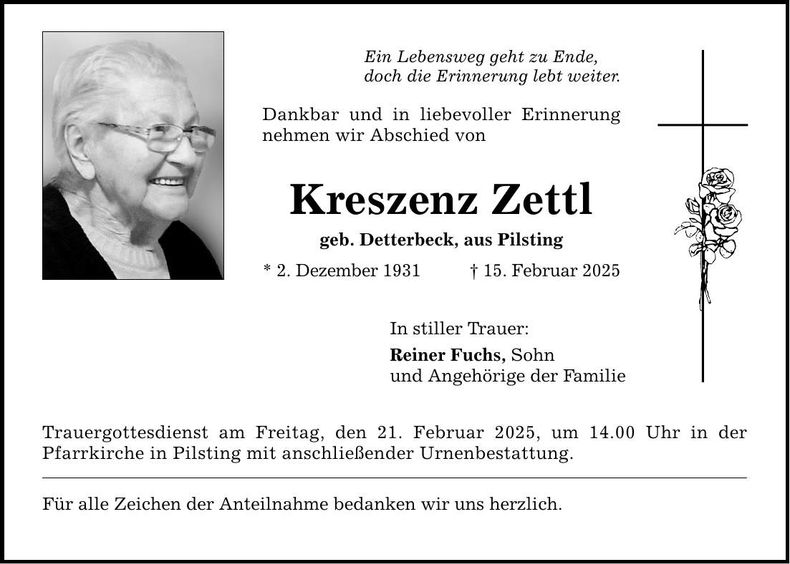 Traueranzeige Kreszenz Zettl