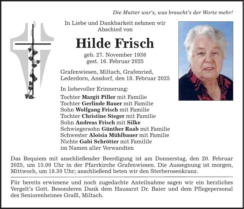 Traueranzeige Hilde Frisch
