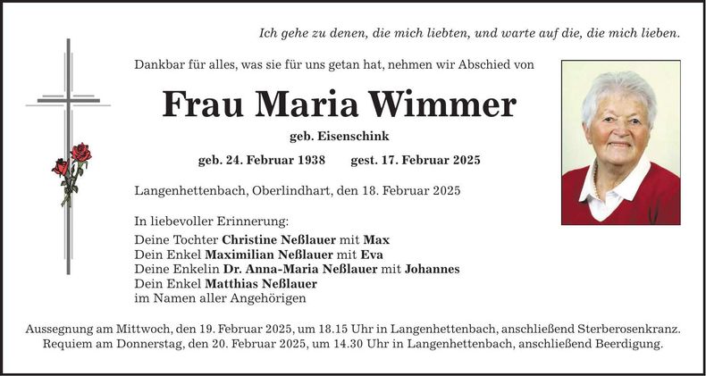 Traueranzeige Maria Wimmer