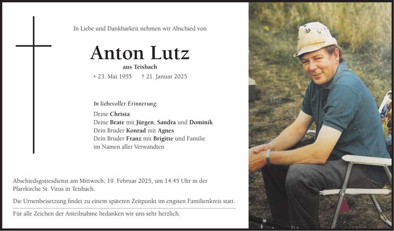 Traueranzeige Anton Lutz
